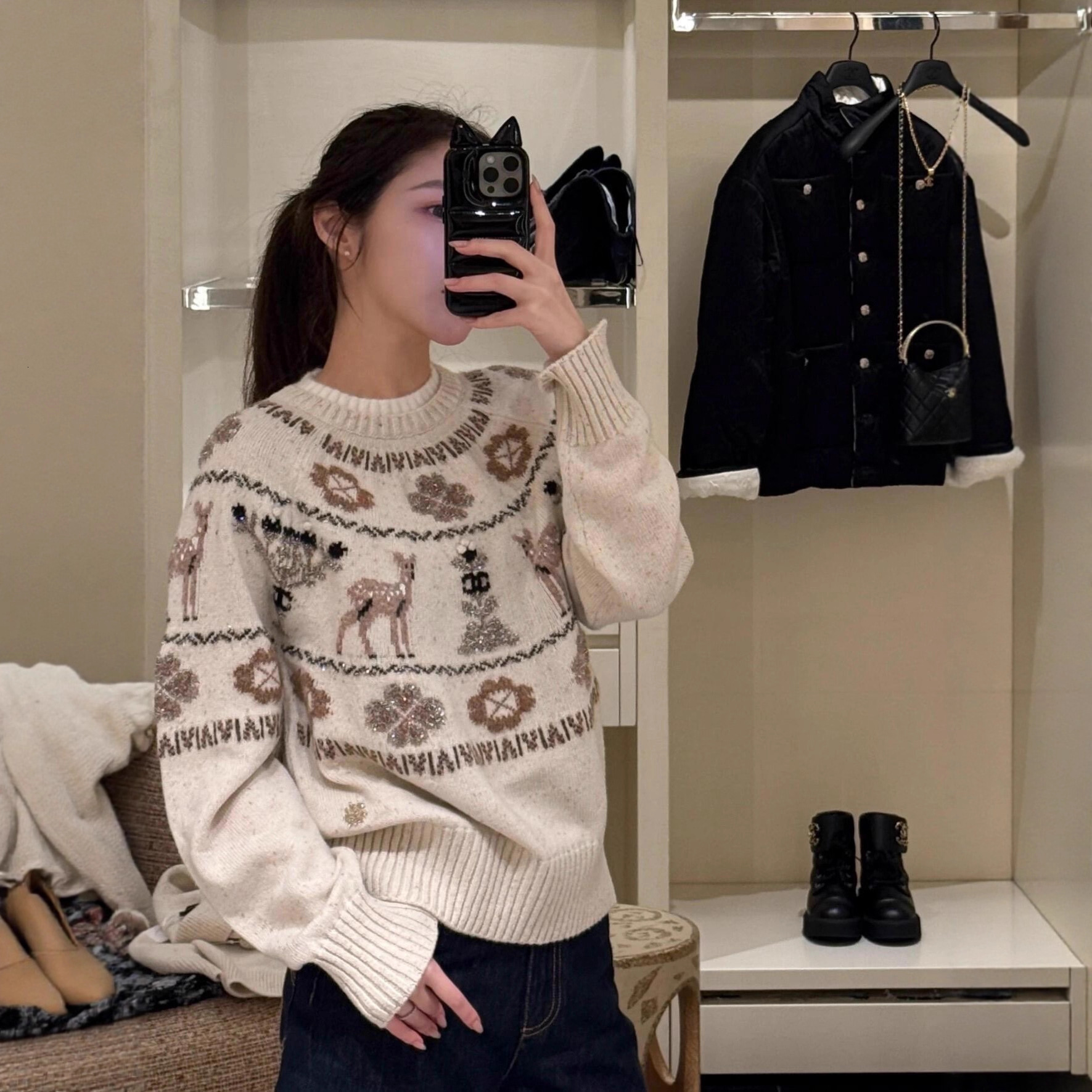 Xiaoxiangjia Ski Series Reindeer Christmas Full Atmosphere Retro Style Pullover Knitted Sweater