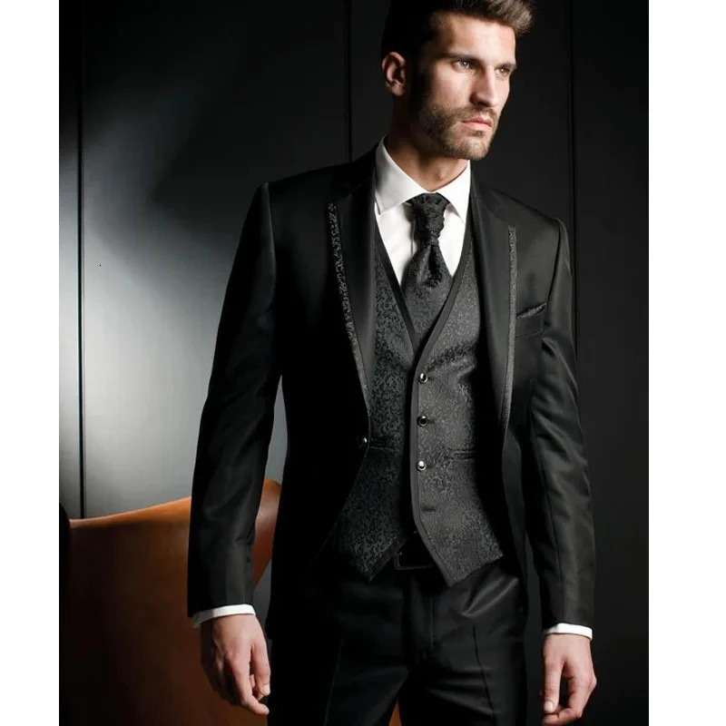 Black Jacquard Slim Fit Wedding suits for Groom 3 Piece Man Fashion Suits Jacket Waistcoat with Pants Notched Lapel Male jacket 251217