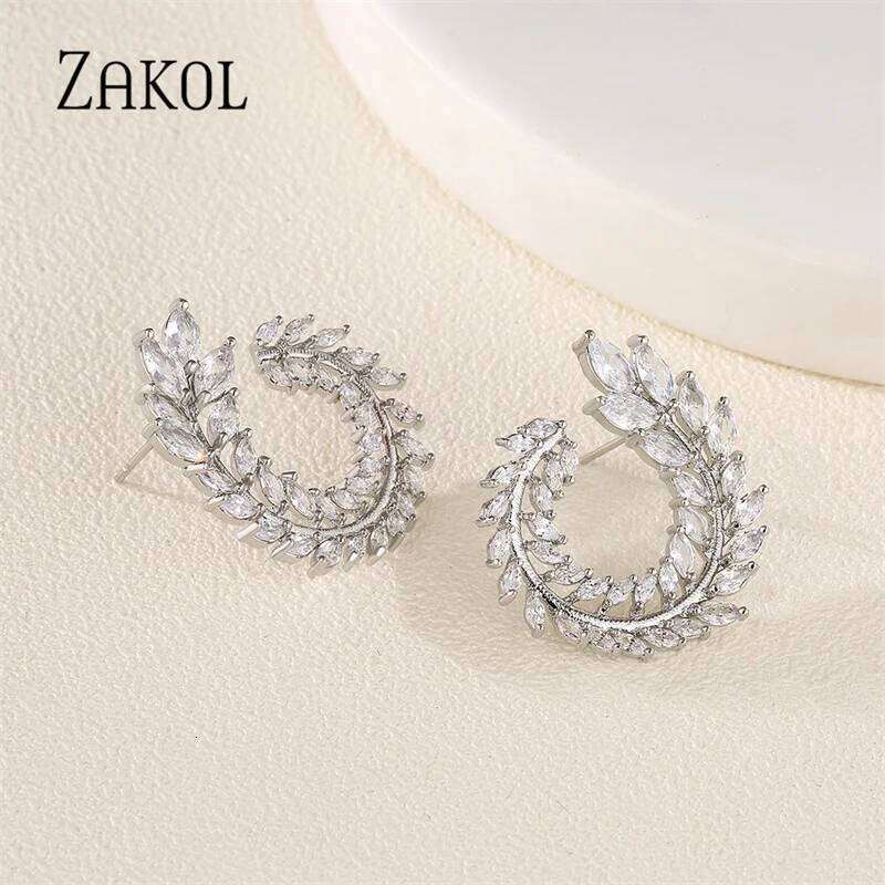 ZAKOL Fashion Leaf AAA Zircon Wedding Jewelry Sets For Women Party Gift Sliver Color Crystal Earrings Necklace Set Wholesale