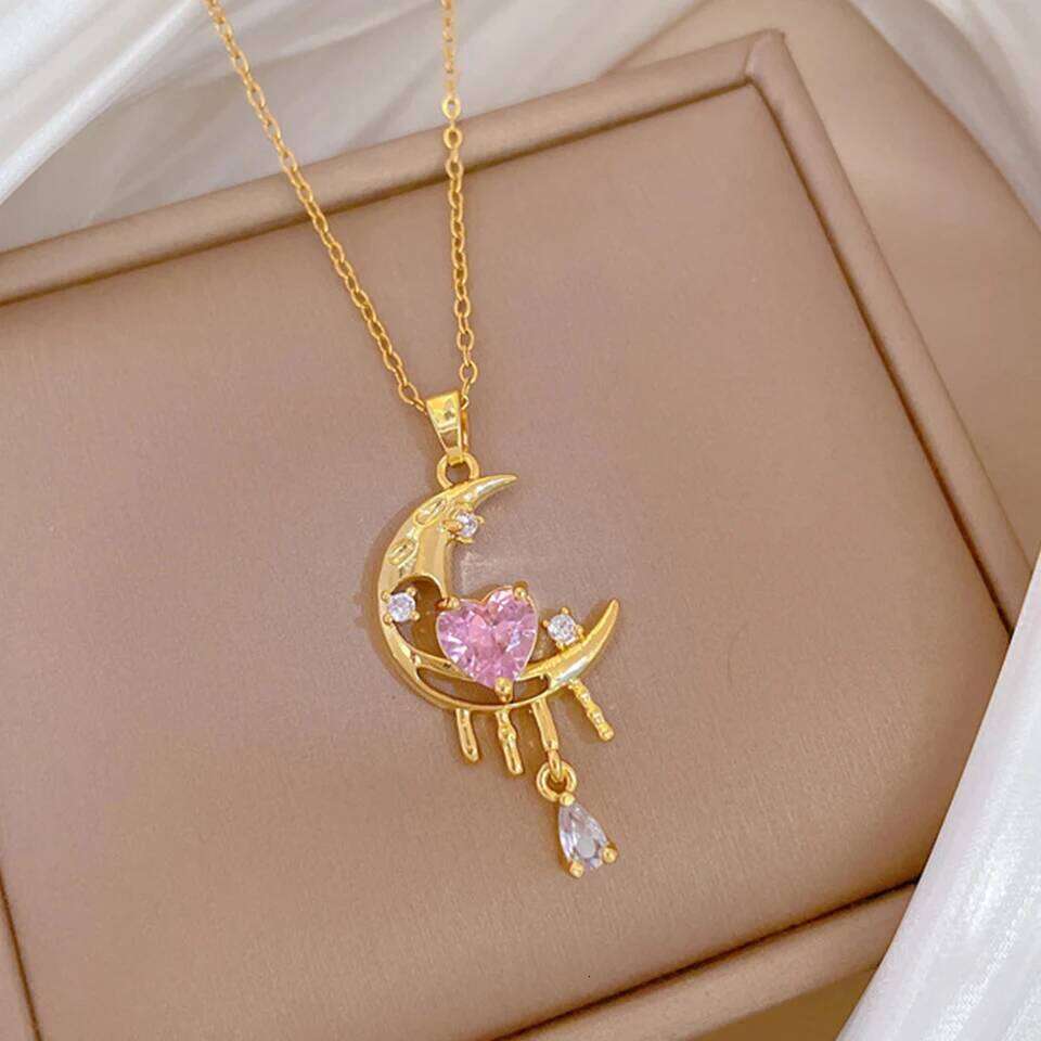 ZAKOL Shiny Pink Zircon Crystal Heart Moon Pendant Necklace for Women Stainless Steel Clavicle Chain Fashion Jewelry