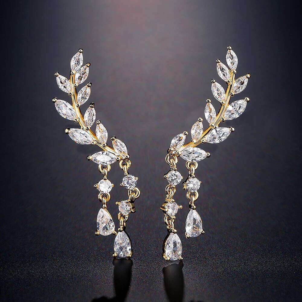 ZAKOL AAA CZ Crystal Zirconia Leaf Long Tassel Drop Earrings for Women Girl Fashion Wing Wedding Party Jewelry