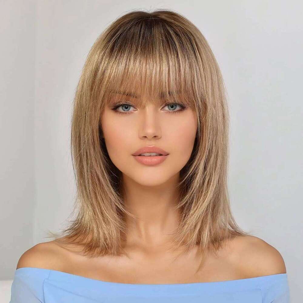 Ombre Ash Blonde Bob Remy Human Short Straight Natural Layered Hair Wig for Women Daily Machine Made 12 inch