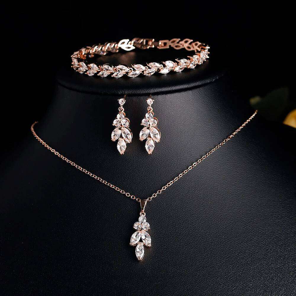 ZAKOL 3Pcs/Set Luxury Zirconia Leaf Bridal Wedding Jewelry Set Buling Clear Crystal Earring&Necklace&Bracelet Party Accessories