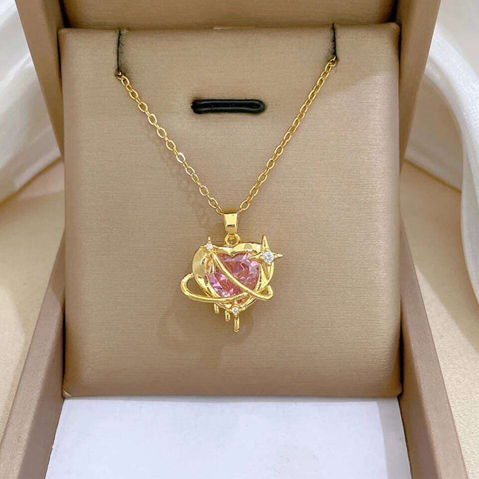 ZAKOL Shiny Pink Zircon Crystal Heart Moon Pendant Necklace for Women Stainless Steel Clavicle Chain Fashion Jewelry