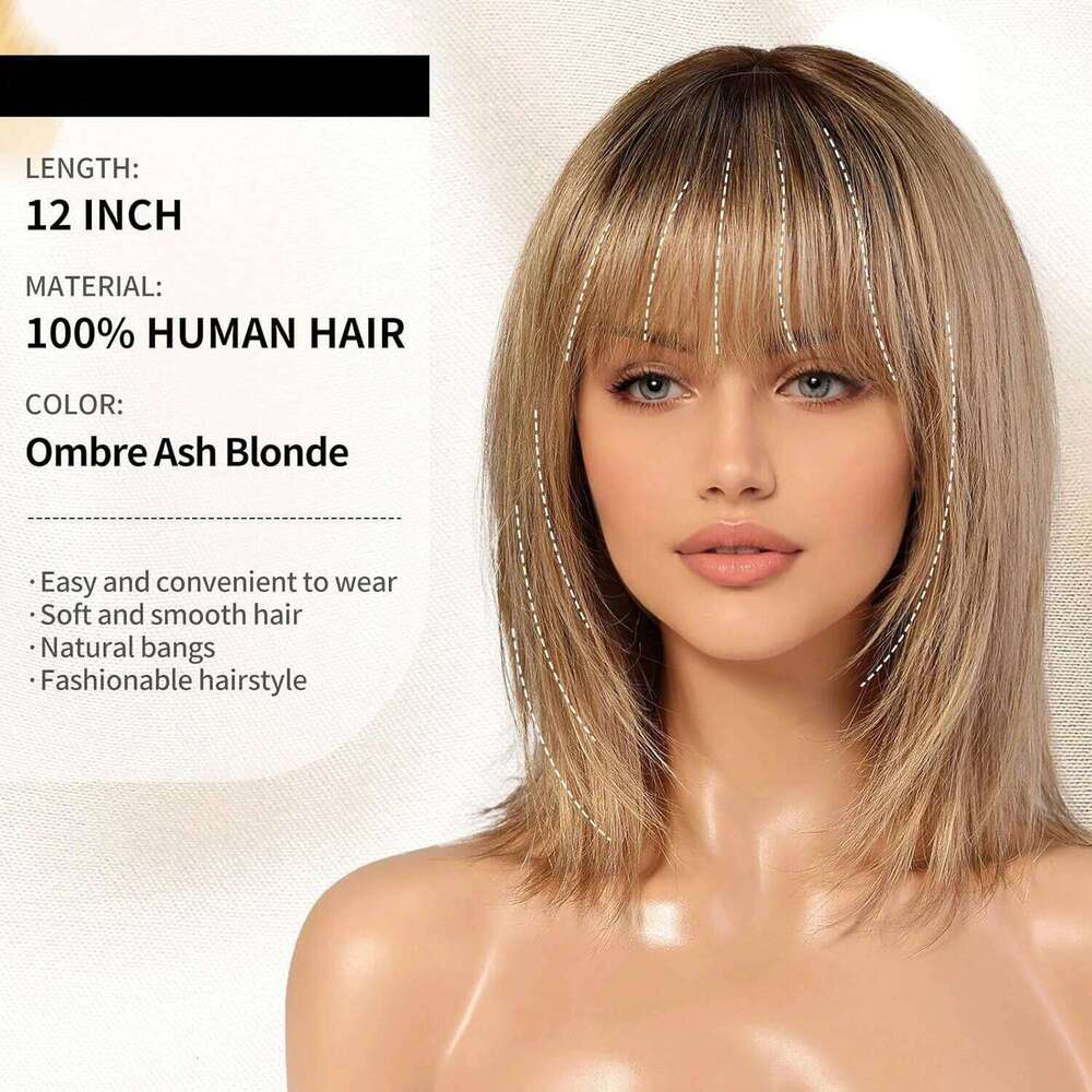 Ombre Ash Blonde Bob Remy Human Short Straight Natural Layered Hair Wig for Women Daily Machine Made 12 inch
