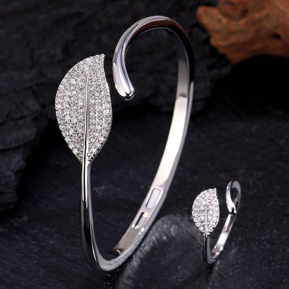 ZAKOL 9 Styles Slivery Open Bracelet Ring Set Luxury Shiny Zircon Middle East Trendy Jewelry for Women Gift