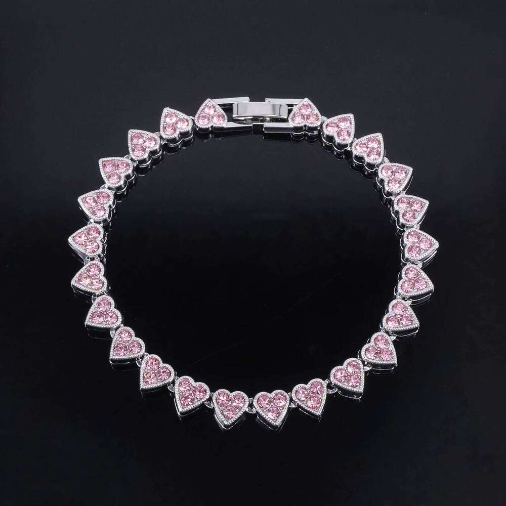 ZAKOL Hip Hop Full Heart Rhinestone Cuban Chain Bracelet Necklace Set Shiny Clear Pink Stone Party Music Festival Jewelry
