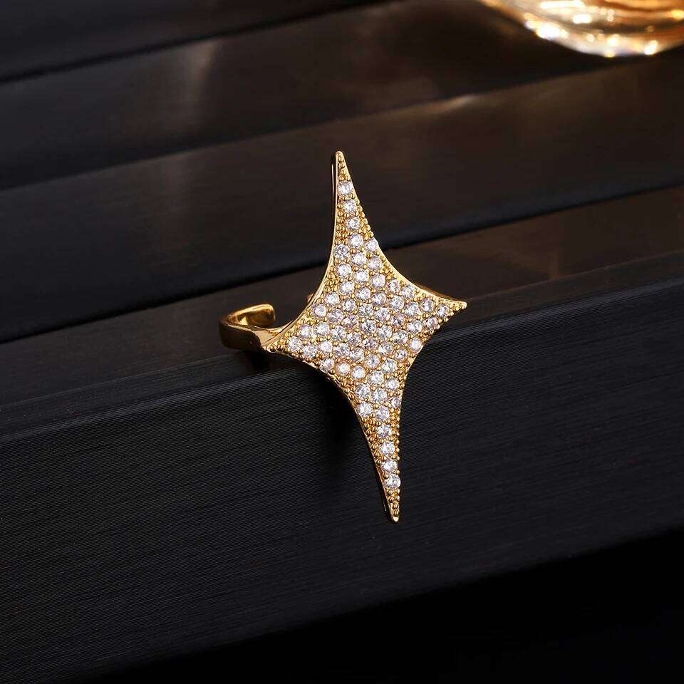 ZAKOL Advanced Four Pointed Star Open With Micro Inlaid Zirconia Ring For Women Shiny Crystal Exquisite Jewelry Gift