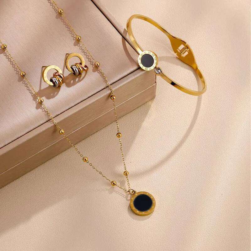 ZAKOL 3-piece Stainless Steel Roman Numeral Pendant Necklace Bracelet Earrings Exquisite Versatile Jewelry Set for Many Occasion