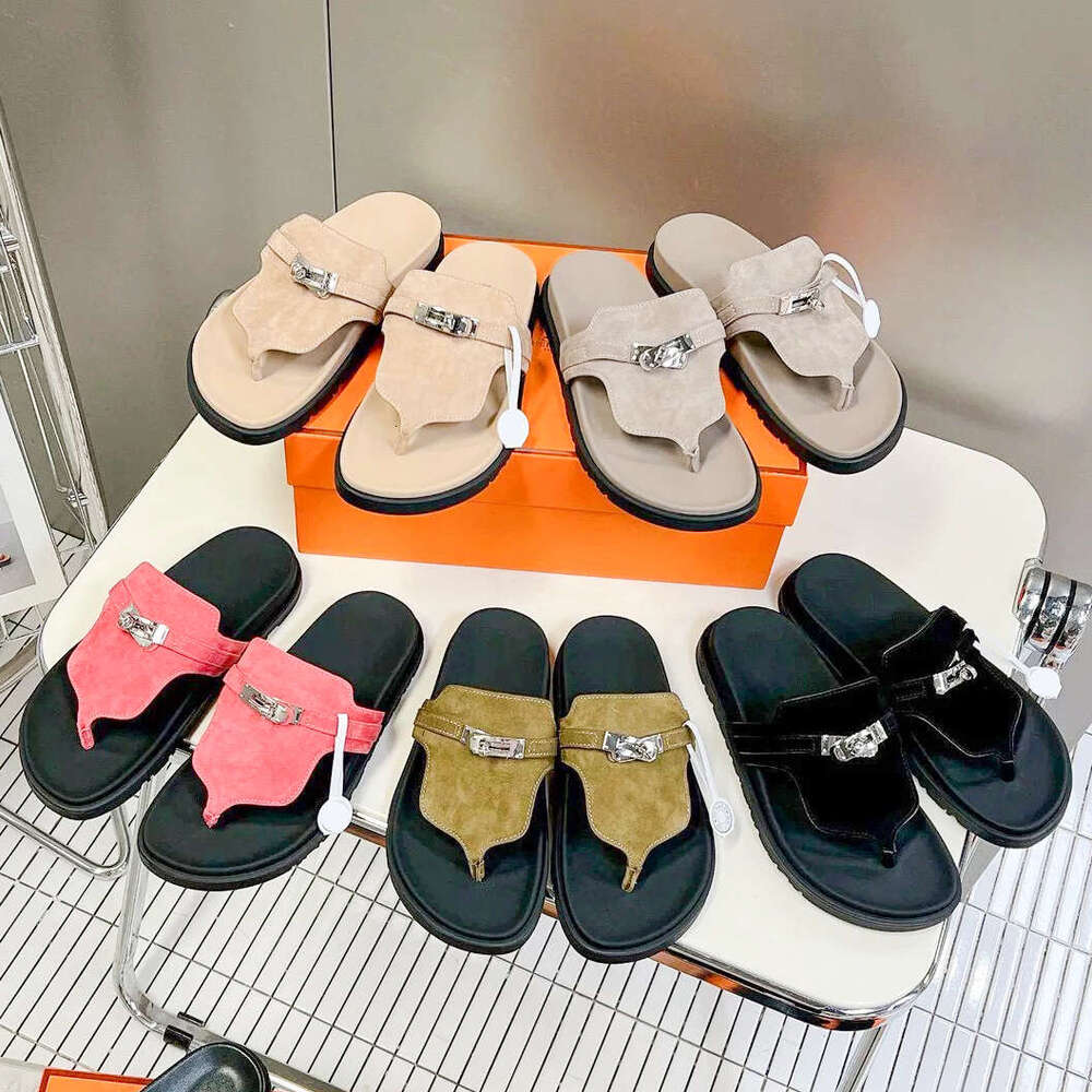 Classic kelly buckle rivet slide Designer mule shoe man flip flop woman Luxury sandal pink Suede leather slipper casual sandale summer beach sliders dress flat shoes