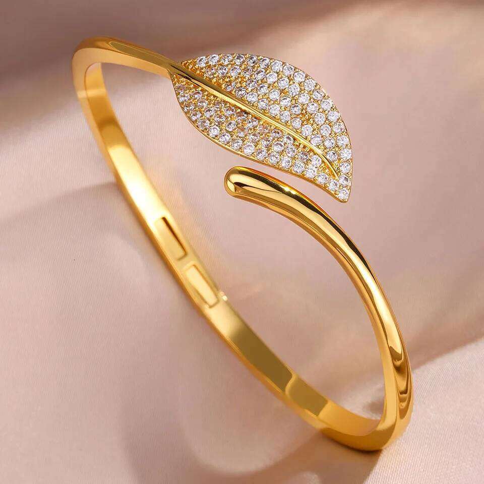 ZAKOL Buling Micro Inlaid Zircon Leaves Open Bracelet Fashion Dubai Gold and Silver Color Bridal Jewelry for Women Wedding Acces