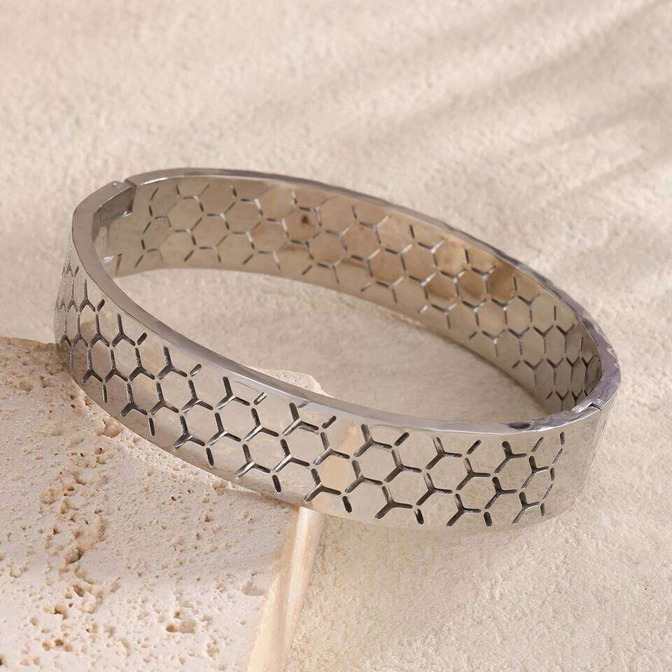 ZAKOL Geometric Hexagon Honeycomb Stainless Steel Bracelet for Women Fashion Waterproof Wide Bangle Party Jewelry