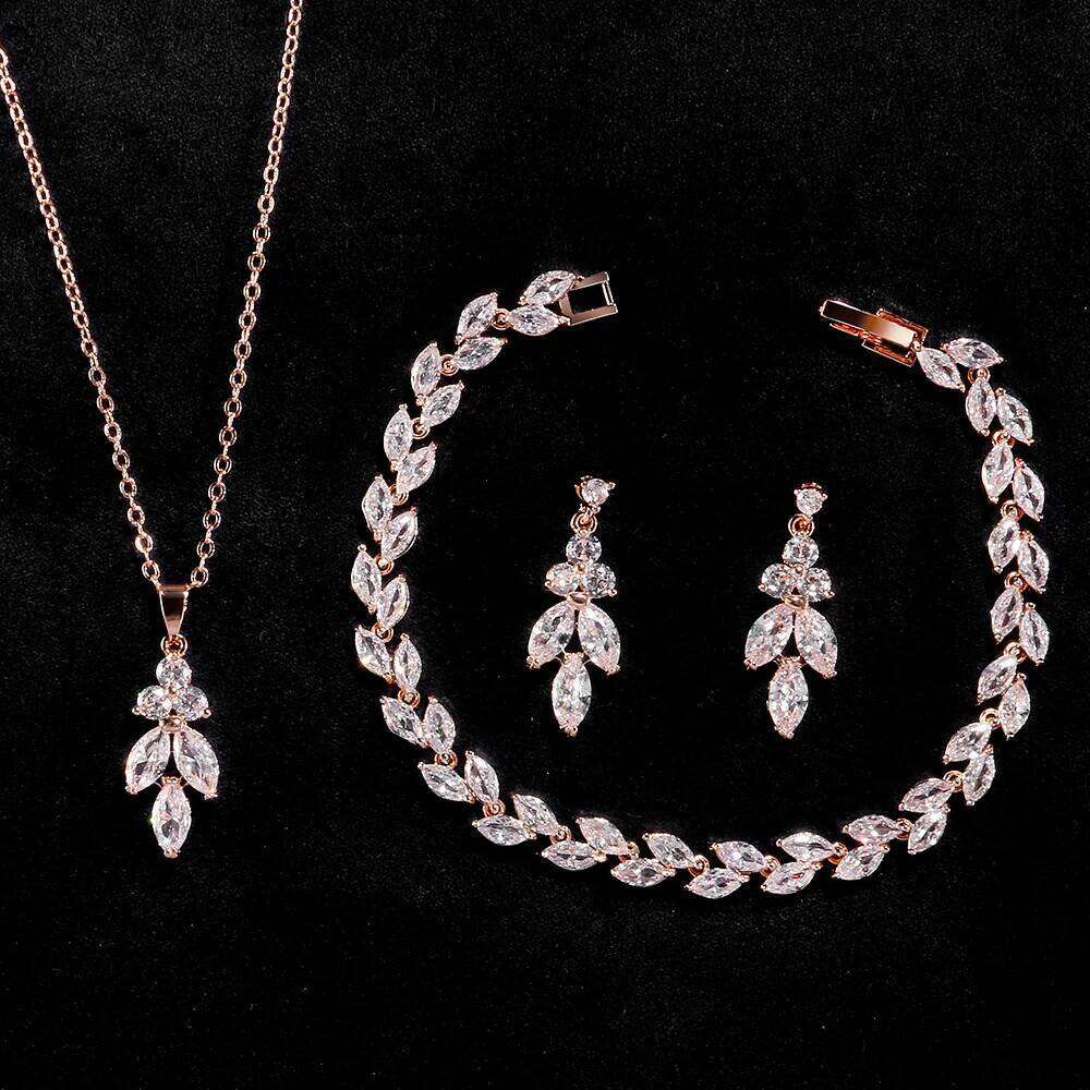 ZAKOL 3Pcs/Set Luxury Zirconia Leaf Bridal Wedding Jewelry Set Buling Clear Crystal Earring&Necklace&Bracelet Party Accessories