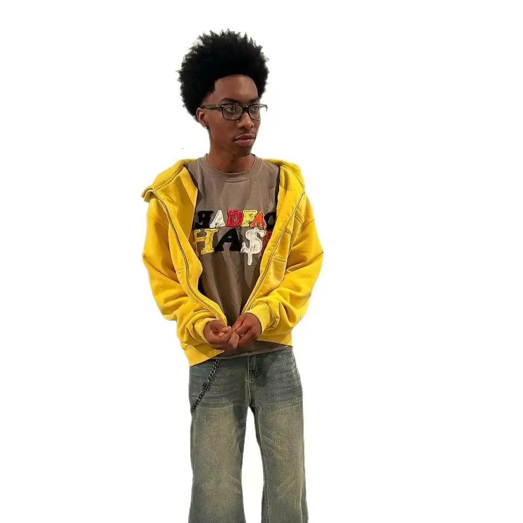 Zip Up Yellow Harajuku Minimalism Comfortable Hooded Sweatshirts High Street Casual Style Solid Color Sports Long Sleeves 251226
