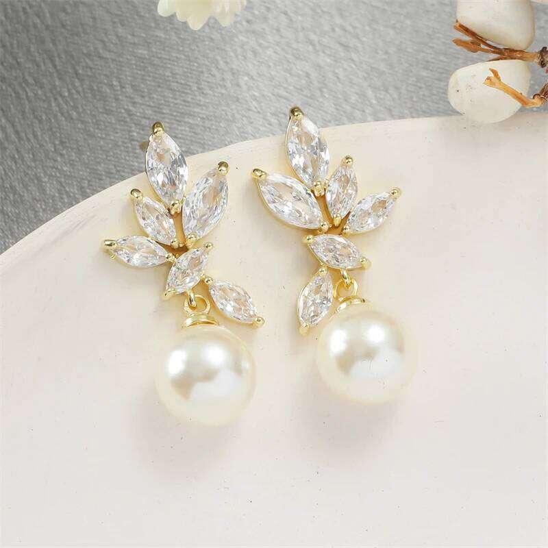 ZAKOL Classic Zircon Pearl Bridal Earrings for Women Shiny Leaf AAA CZ Crystal Gorgeous Wedding Party Jewelry