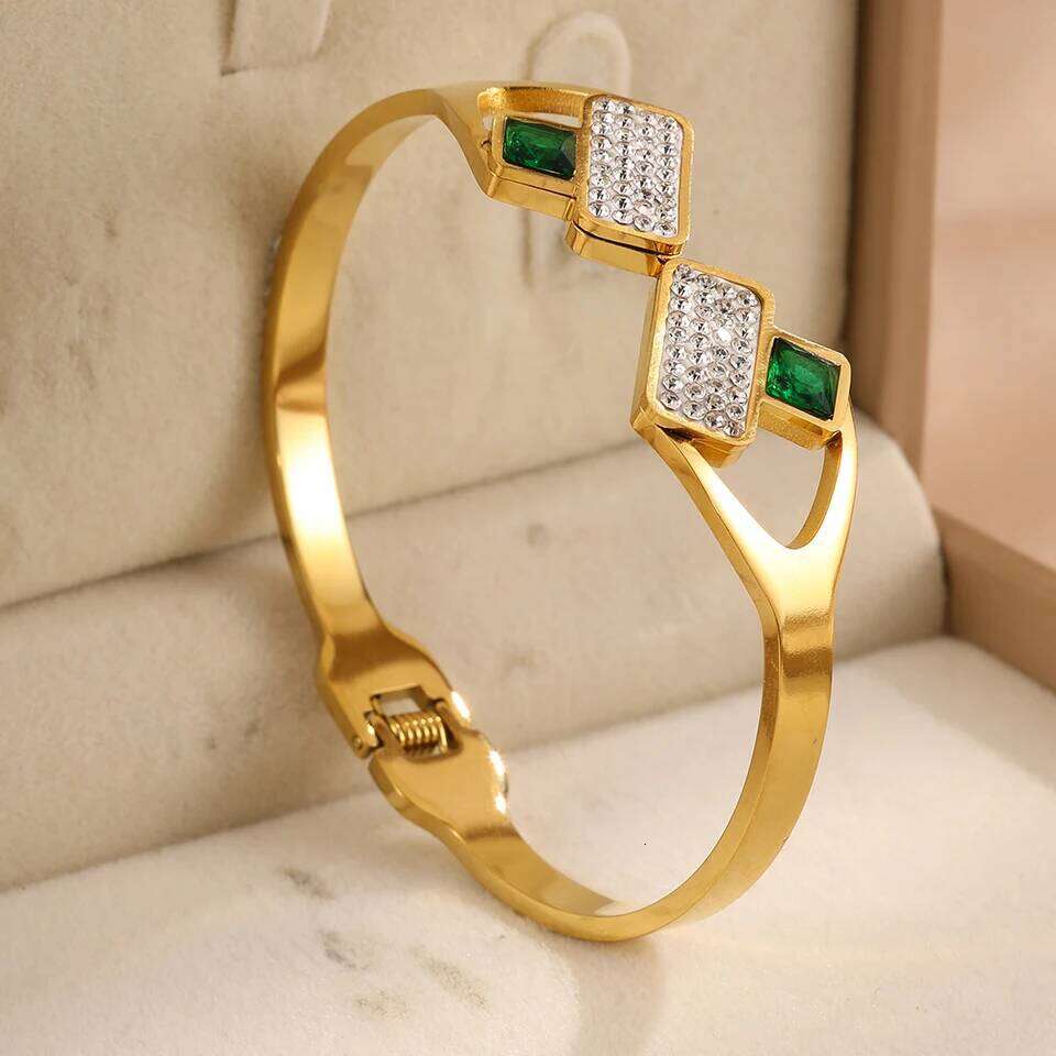 ZAKOL Vintage Stainless Steel Women's Gold Silver Color Enamel Inlaid Zirconium Smooth Cuff Bracelet Gift Jewelry