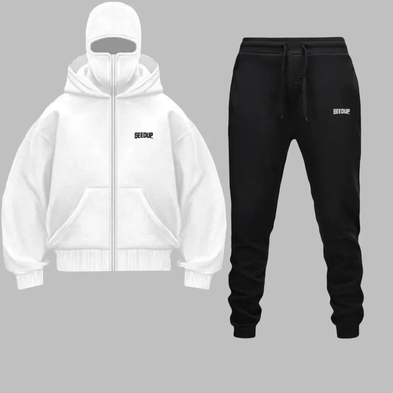 2025 Autumn Winter Men Zippered Hooded Sweatshirt Set - Balakrava Street Fashion Windproof Ninja Letter n Two-Piece Set 251215