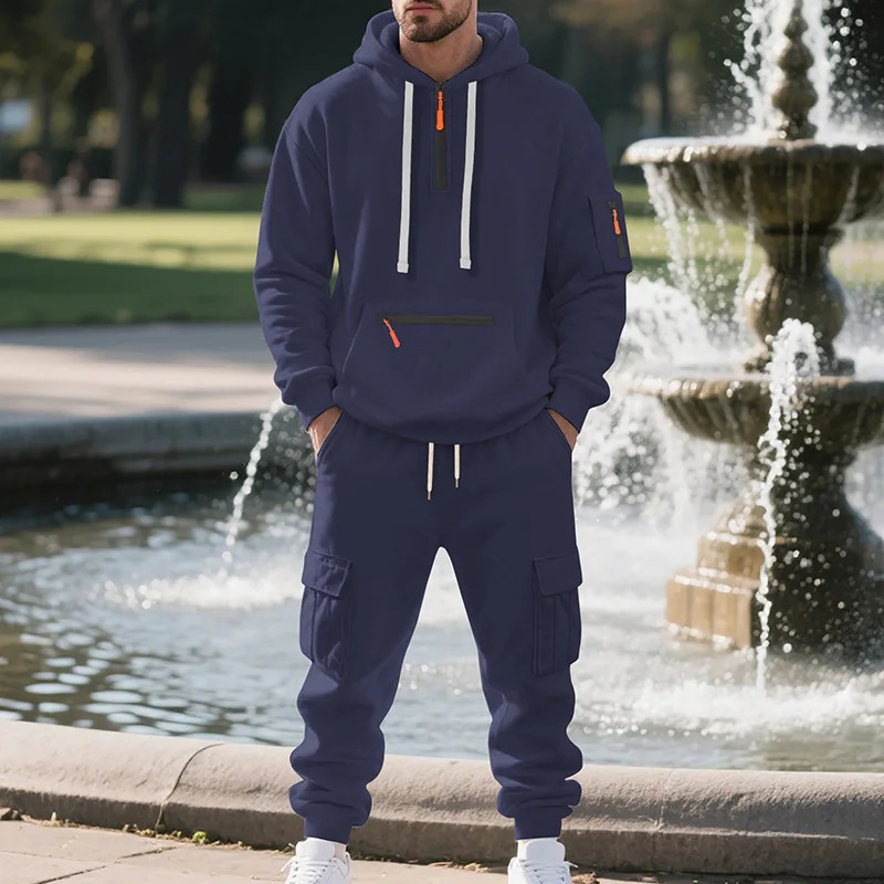 Fleece-lined Hooded Workwear Mens Suit Running Workout Two Piece Sets Autumn Multi-pockets Tracksuit Men 251215