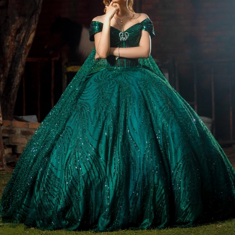 Dark Green Shiny Quinceanera Dresses Ball Gown Off The Shoulder Beading Crystal With Cape Corset Party Birthday Sweet 16 Dres Vestidos 15 Anos