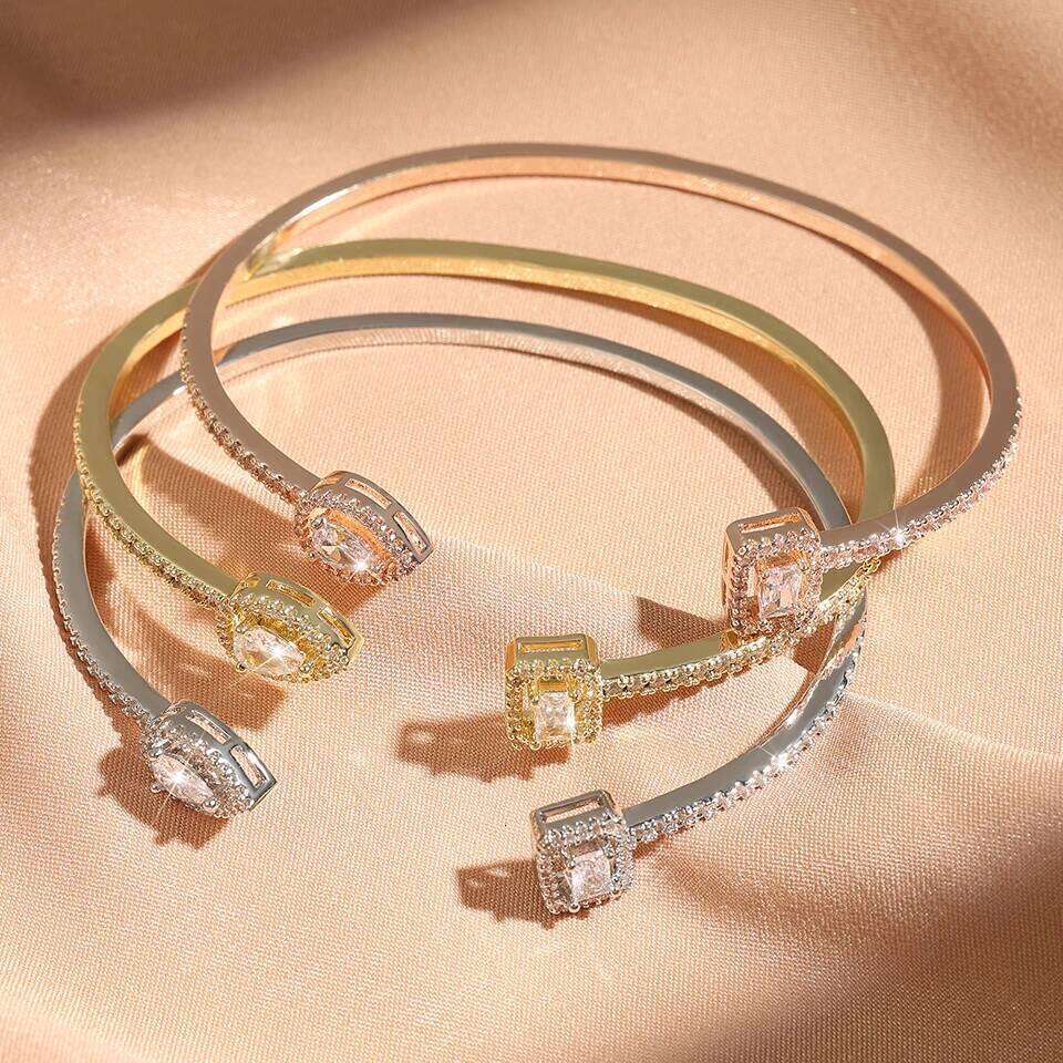 Luxury Geometry Gold Color Cuff Bangles For Women Fashion Cubic Zirconia Bracelets INS Party Everyday Jewlery.