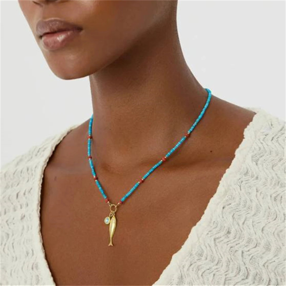 Stainless steel colored bead goldfish pendant bracelet necklace set with gold plating and color preservation 251223