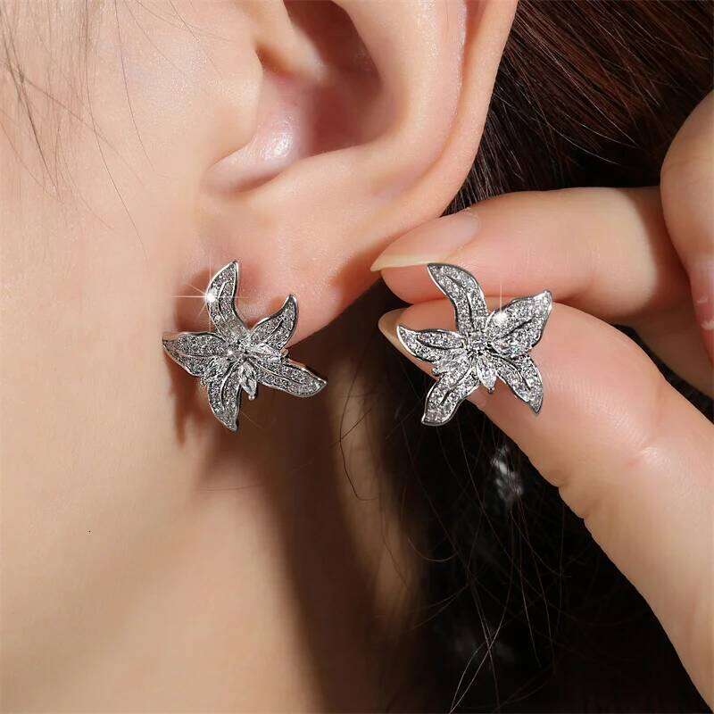 ZAKOL Sliver Color Shiny Tiny Zircon Starfish Lily Flower Shape Stud Earrings Luxury Bridal Wedding Jewelry for Women