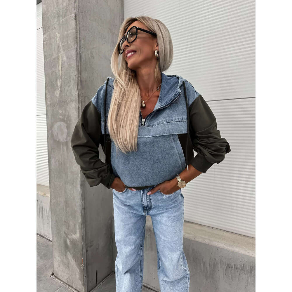 European and American Cross-Border Autumn New Fashion Loose Casual Washed Denim Patchwork Hooded Women's Sweatshirt