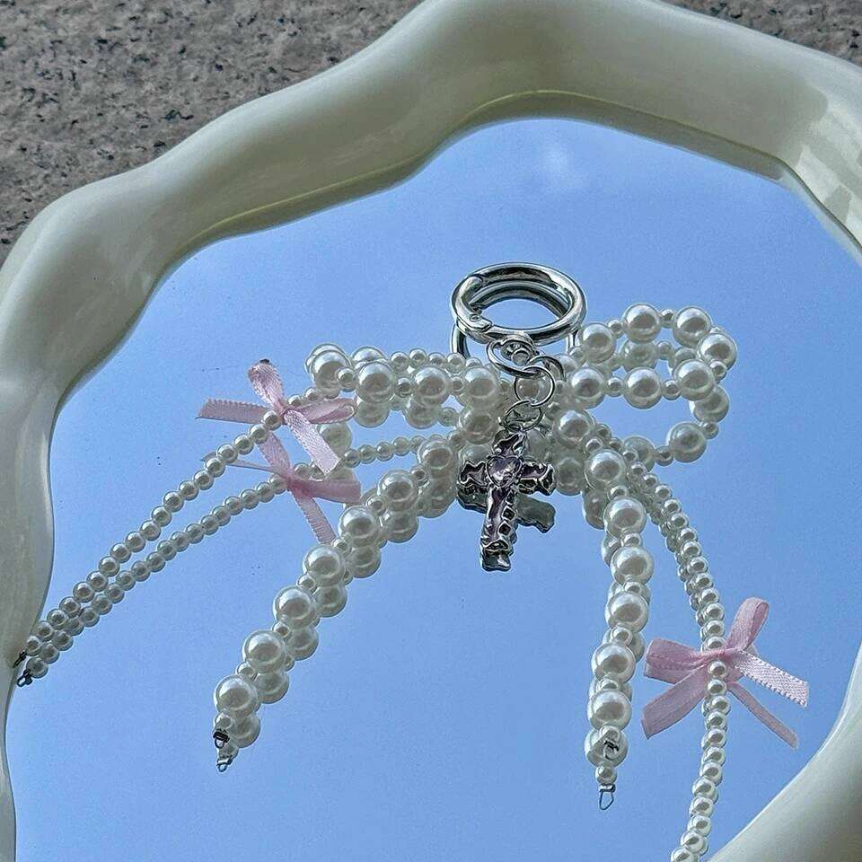 ZAKOL 3Pcs Cute Bow Imitation Pearl Bead Keychain Sweet Beaded Pendant Keyring Handbag Backpack Ornament Girls Gift