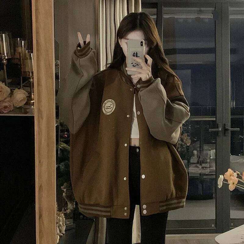 American Vintage Lazy Style Letter Embroidery Print Fleece Thickened Cotton Baseball Jersey Women's Loose Autumn Winter Fashion