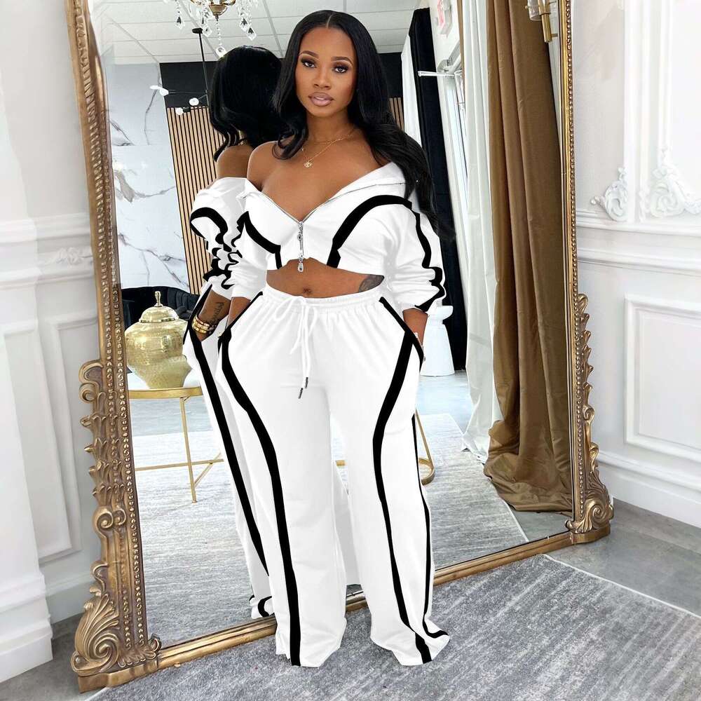 Amazon Hot-Selling Women's Clothing Autumn Winter Color-Block Long Sleeve Cardigan Sports Style Two-Piece Fashion Casual Set