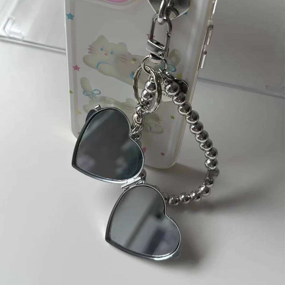 ZAKOL New Y2k Style Silver Color Beads KeyChain with Heart Shaped Mirror Korean Fashion Handbag Ornament Accessories Gift
