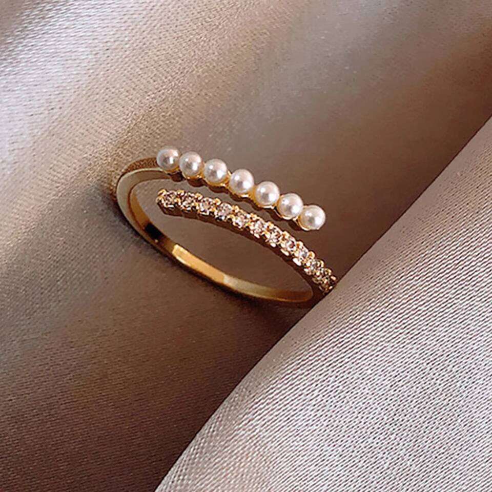 ZAKOL Korean Fashion Gold Color Round Small Pearl Open Ring Shiny Zircon Minimalist Women Daily Accessories