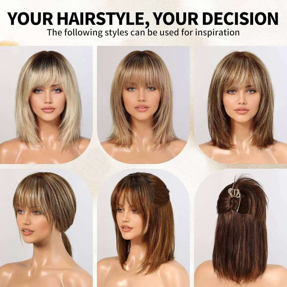 Ombre Ash Blonde Bob Remy Human Short Straight Natural Layered Hair Wig for Women Daily Machine Made 12 inch