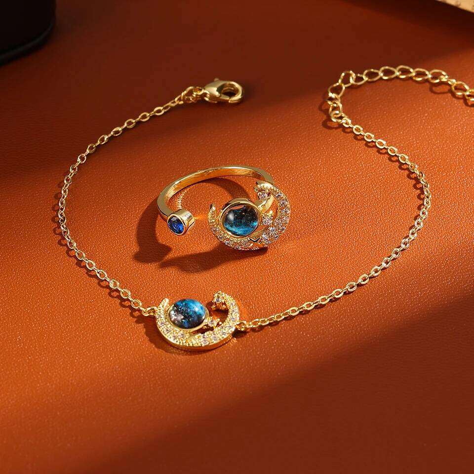 ZAKOL Two-piece Blue Space Planet Moon Titanium Steel Bracelet Ring Set for Women Exquisite Shiny Zircon Party Jewelry