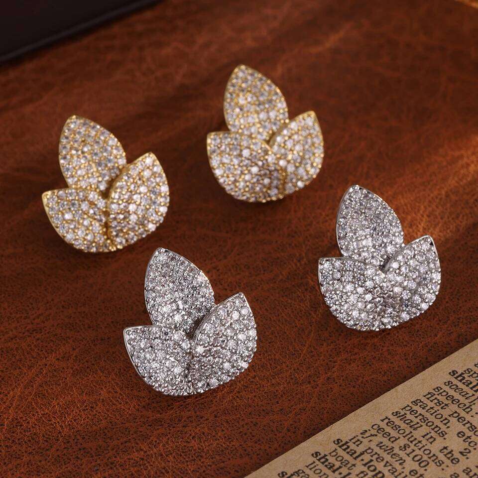 ZAKOL New Full Micro Paved Cubic Zirconia Three Leaves Leaf Flower Earrings for Women Luxury Shining Zircon Wedding Jewelry