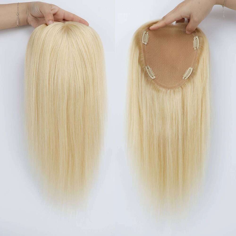 Base Topper Light Blonde Real Remy Human Hair Toupee Silk Top PU Around Full Hand Tied with Clips in for Women