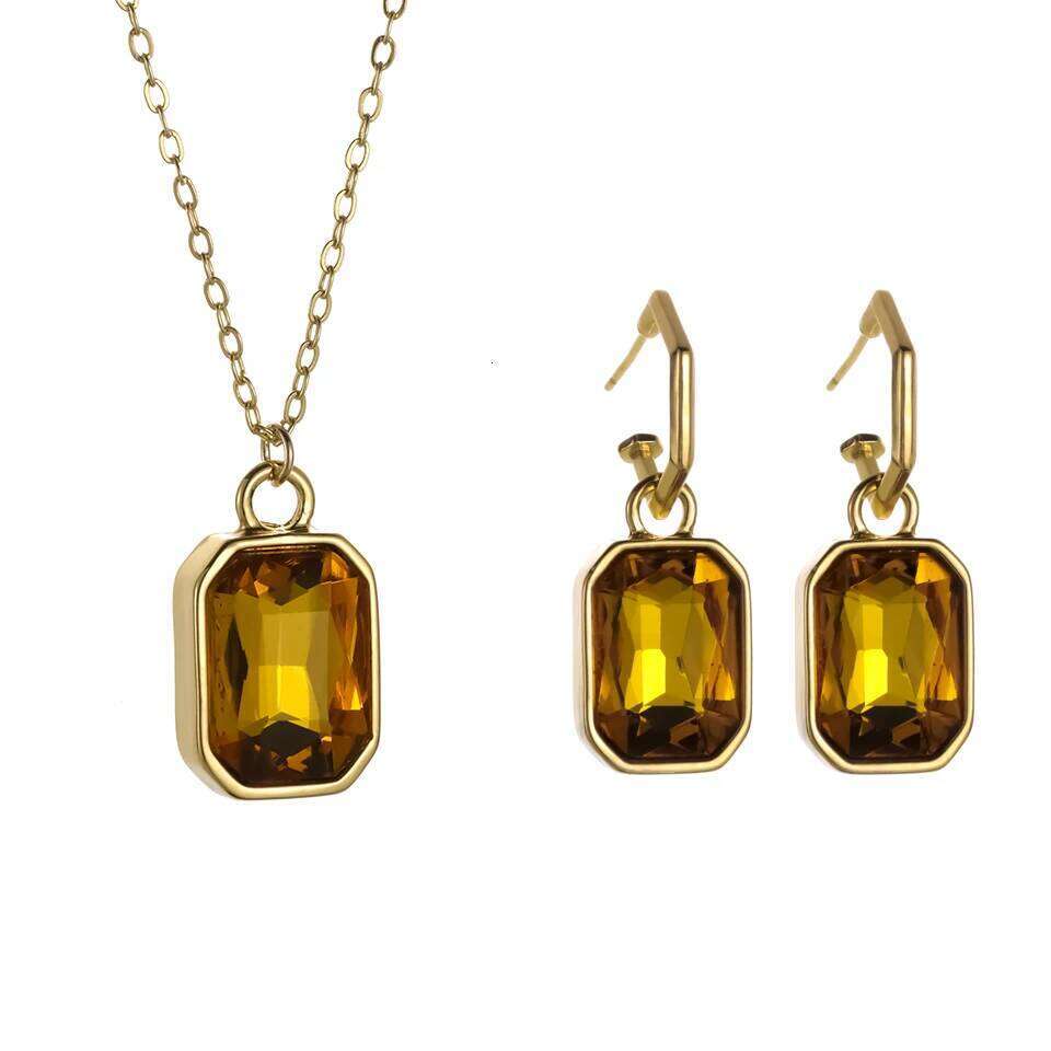 ZAKOL Colorful Big Square Crystal Zircon Pendant Earring Necklaces Elegant Retro Gold Color Chain Women's Party Jewelry Set Gift