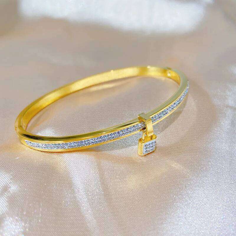 ZAKOL Stainless Steel Micro Inlaid Zircon Padlock Charm Bracelet Shiny Crystal CZ Non-fading Waterproof Bangle Party Jewelry