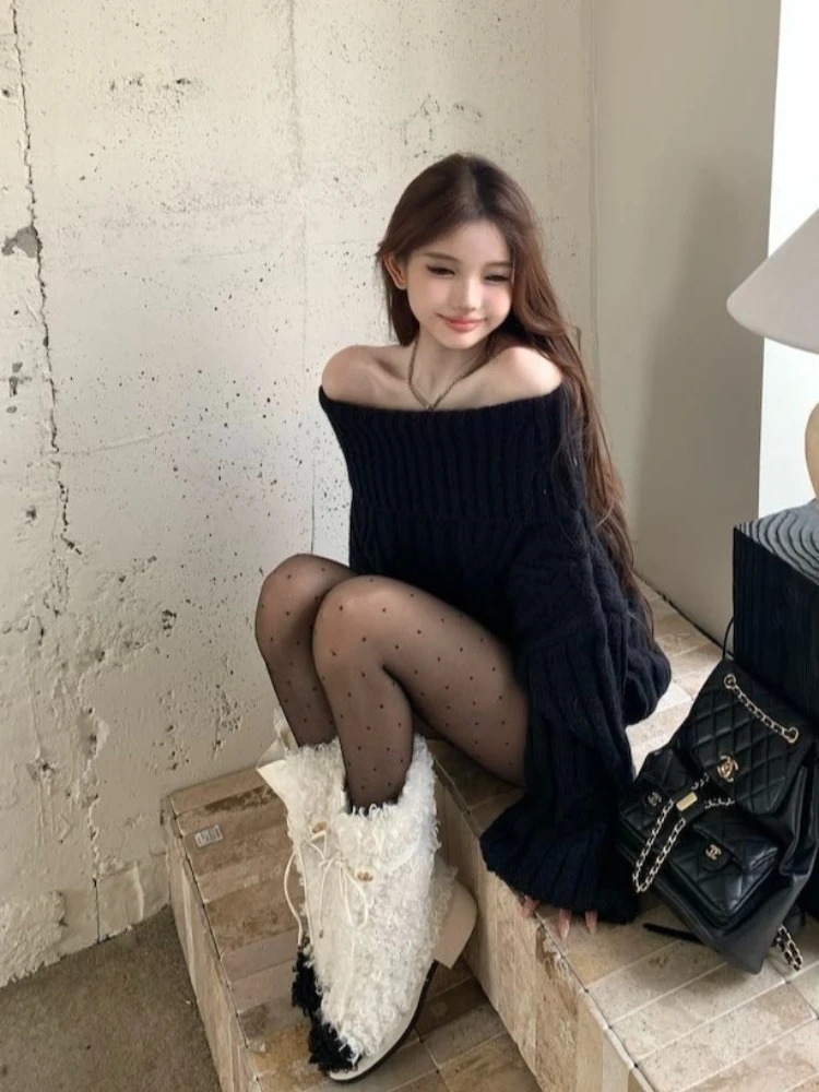 Autumn and Winter Fashion Sweet Knitted One Shoulder Hoodie Korean High End Cashmere Warm Thick Off Shoulder Long Sleeve Sweater 251215