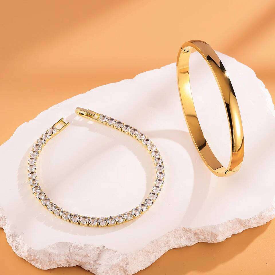 ZAKOL 2Pcs/Set Smooth Stainless Steel Bangle Zircon Tennis Bracelet Set for Women Simple Fashion Daily Jewelry Accessories