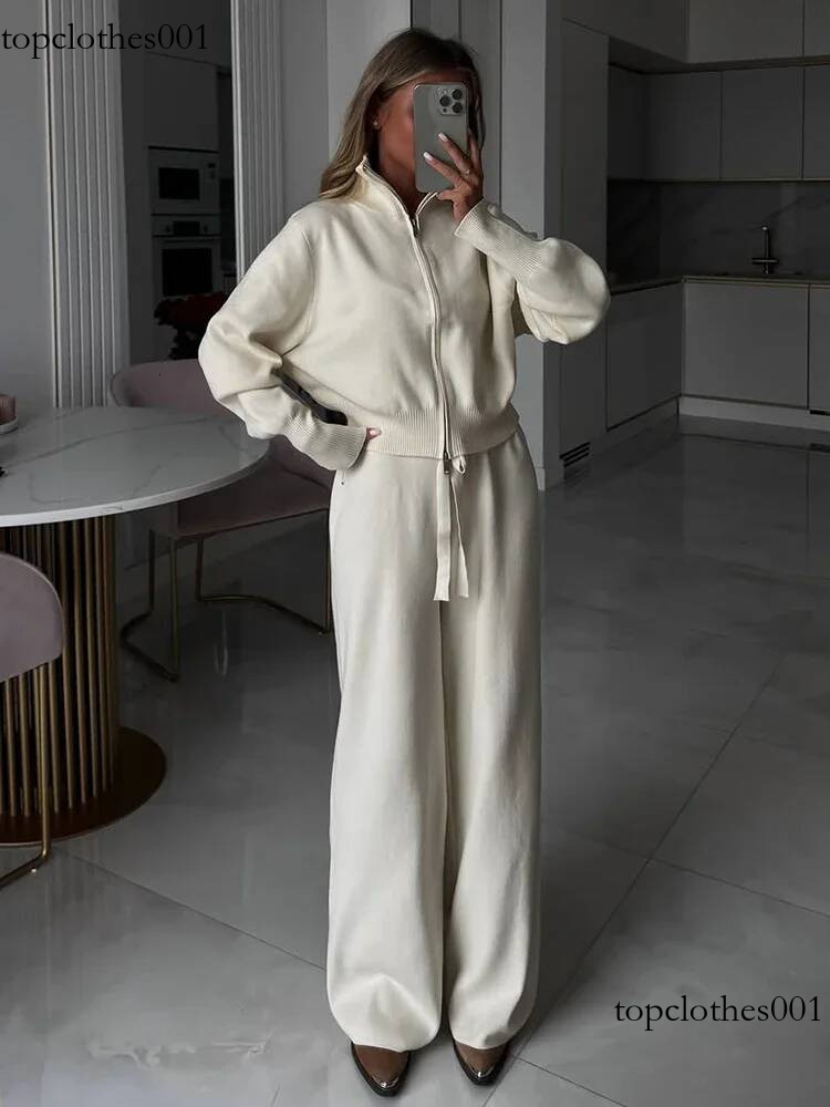 Light Blue Zipper Hoodie Top Suit Women Fashion Solid Knitted Full Sleeve Straight Leg Pants Set 2025 Office Commute Wear