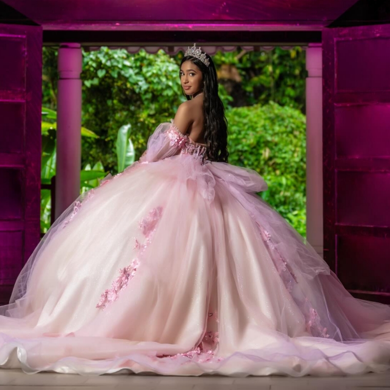 Pink Quinceanera Dresses Ball Gown Off The Shoulder Applique Flower Beading Crystal Corset Party Birthday Sweet 16 Dres Vestidos 15 Anos