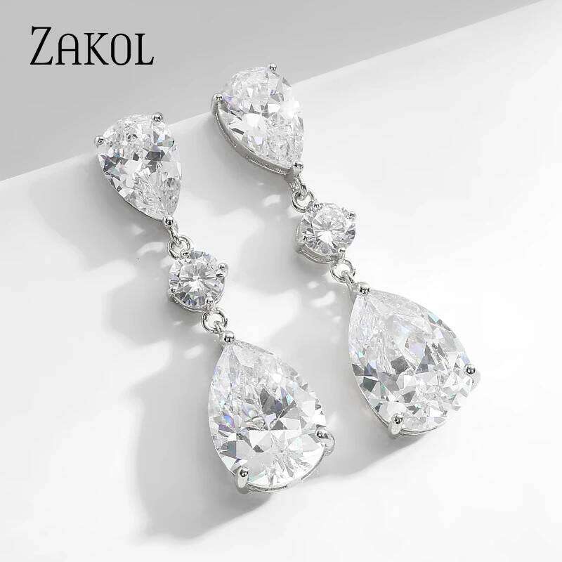 ZAKOL Shinny Zircon Teardrop Dangle Earring for Women Fashion White Gold Color Bridal Earrings Wedding Jewelry