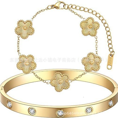 Luxury Brand Designer Jewelry Hot Sale Titanium Steel Five-Leaf Flower Bracelet Oval Inlaid Diamond Bangle 18K Gold High-Grade Non-Fading Bracelet Who