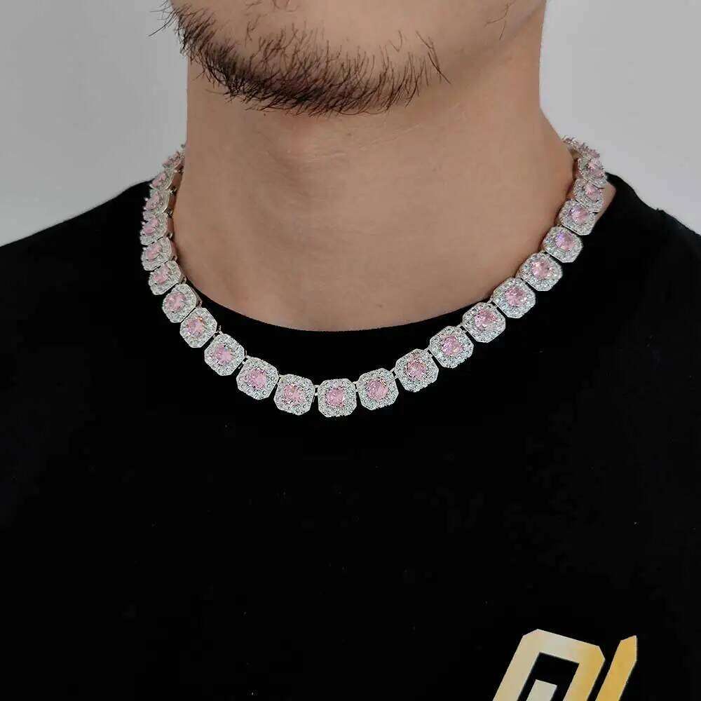 12mm Hip Hop Jewelry Pink/Treasure Blue/Sea Blue Girl Cluster Tennis Chain Cubic Zirconia Bling Diamond CZ Necklace For Women 47c
