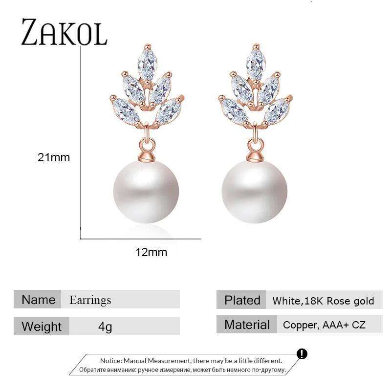 ZAKOL Elegant Leaf Cubic Zirconia Dangle Earrings for Women Luxury Imitation Pearl Bridal Wedding Party Jewelry