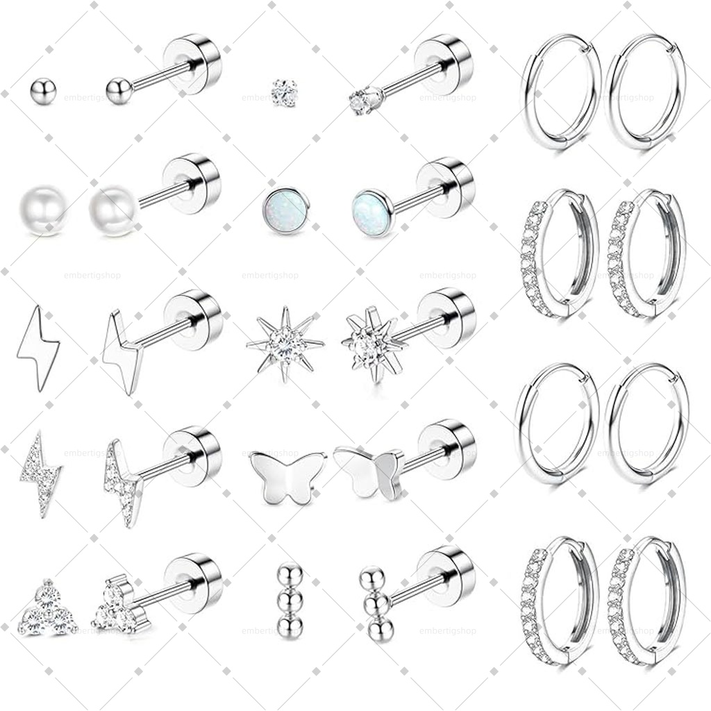 designer earrings moissanite earrings 9-14 Pairs Hypoallergenic 20G Surgical Steel Flat Back Stud for Women Stacks Hoop Cartilage Earrings Set Piercin