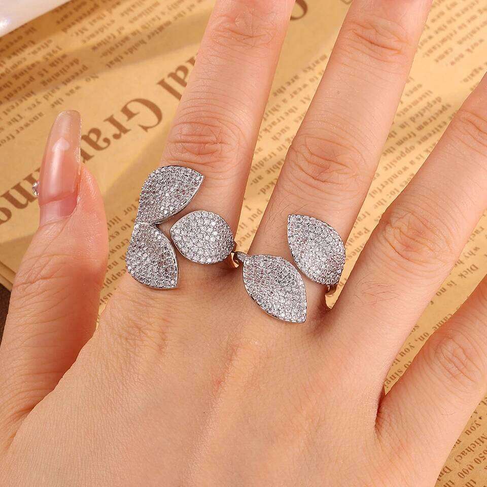 ZAKOL Two Pieces Micro-set Zircon Leaf Flower Open Set for Women Paved Bling CZ Cocktail Party Ring Jewelry Accessories