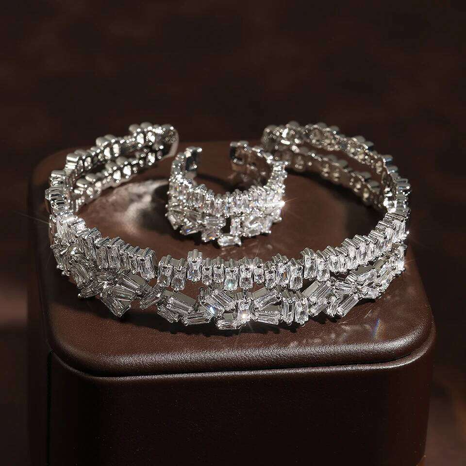 ZAKOL Luxury AAA Geometric Cubic Zirconia Open Bracelet Ring for Women Elegant Shiny CZ Wedding Party Jewelry Set