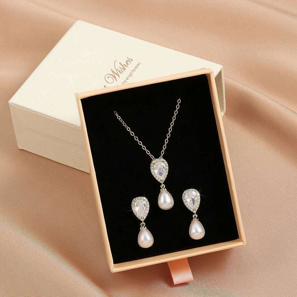 ZAKOL Elegant Imitation Pearl Zirconia Earring Necklaces Sets Exquisite Wedding Engagement Party Jewelry Gift With Packaging Box
